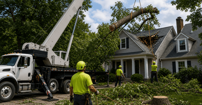 Emergency tree removal using crane near home in Grand Rapids MI