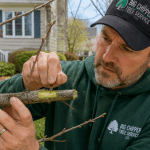 Grand Rapids homeowner performing scratch test on dormant tree branch to check for living tissue