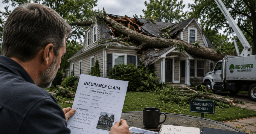 homeowner reviewing insurance claim after storm-damaged tree fell on house in Grand Rapids Michigan