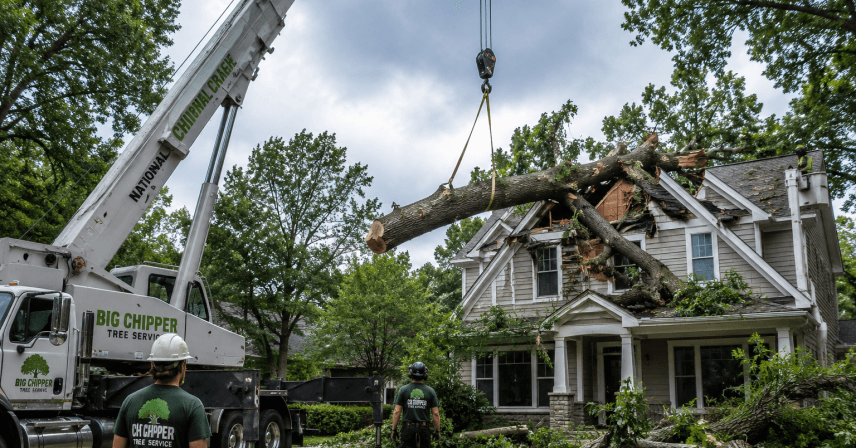 professional crane-assisted tree removal near storm-damaged home in Grand Rapids Michigan