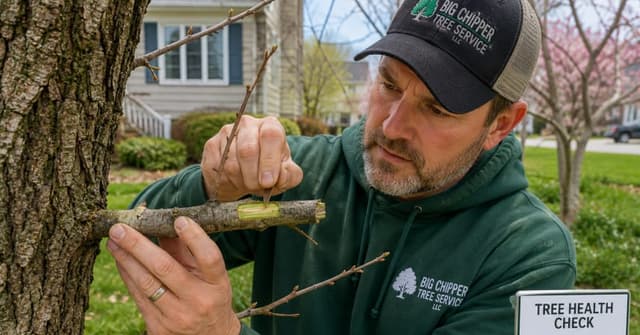 Grand Rapids homeowner performing scratch test on dormant tree branch to check for living tissue