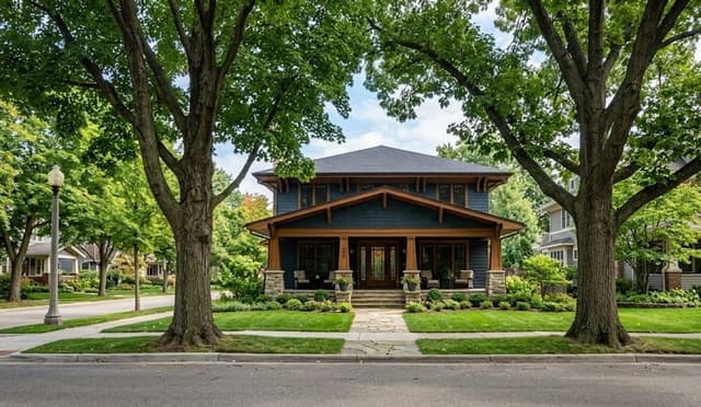 Mature professionally pruned shade trees framing a craftsman-style home in East Grand Rapids, Michigan.