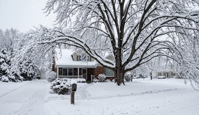 Mature silver maple branches sagging under heavy lake-effect snow load in a Grand Rapids, Michigan front yard