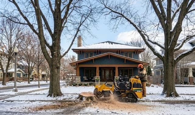 : Professional stump grinder operating on frozen winter ground in a Grand Rapids, Michigan backyard with snow patches