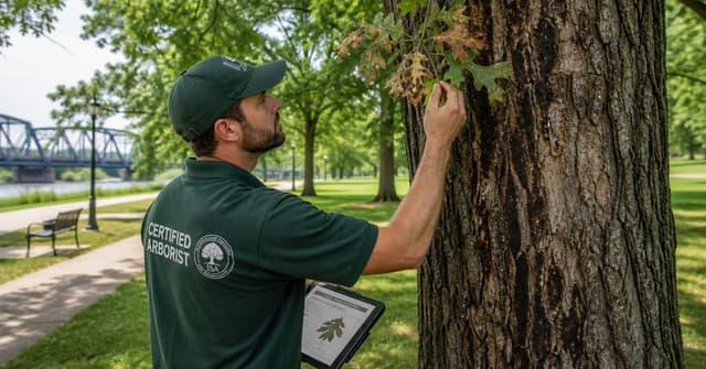 certified arborist inspecting oak tree for oak wilt symptoms in Grand Rapids Michigan park