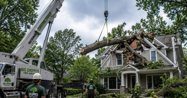 professional crane-assisted tree removal near storm-damaged home in Grand Rapids Michigan