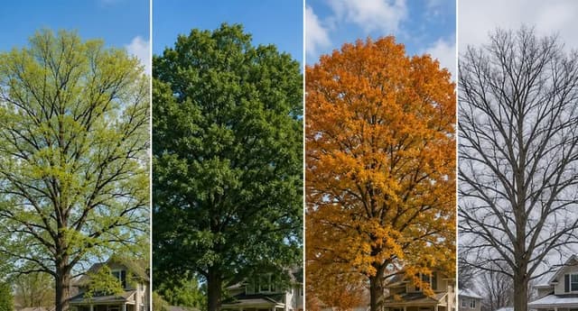 Mature oak tree shown through spring, summer, fall, and winter seasons in Grand Rapids, Michigan