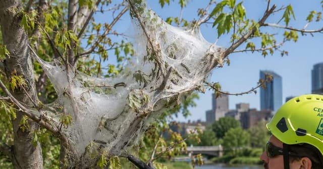 Eastern tent caterpillar web in a cherry tree with a certified arborist inspecting pest damage in Grand Rapids, Michigan.