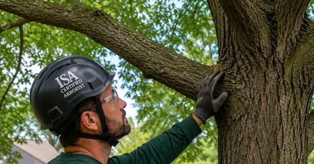ISA Certified Arborist from Big Chipper Tree Service inspecting a mature tree for safe pruning in Grand Rapids, Michigan.