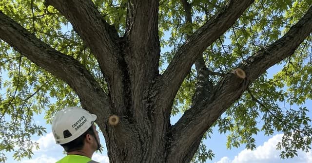Certified arborist inspecting a mature tree above a commercial parking lot in Michigan