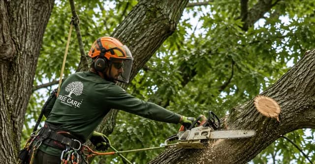Arborist pruning a large oak tree to prevent storm damage in Grand Rapids, Michigan