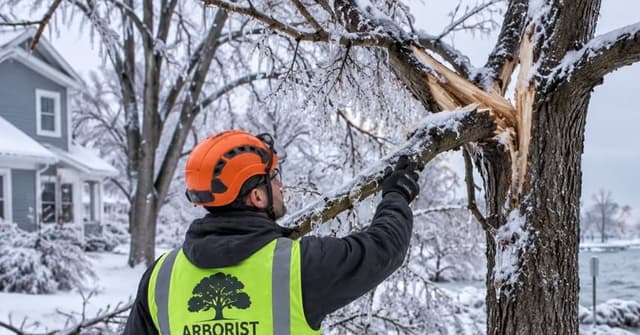 Arborist inspecting trees for weather damage in Holland, Michigan