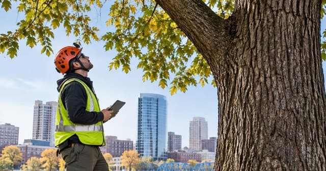 Arborist inspecting a mature tree for hidden structural and root problems in Grand Rapids, Michigan