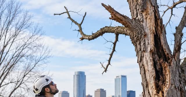 Arborist assessing a dead tree for removal in Grand Rapids, Michigan