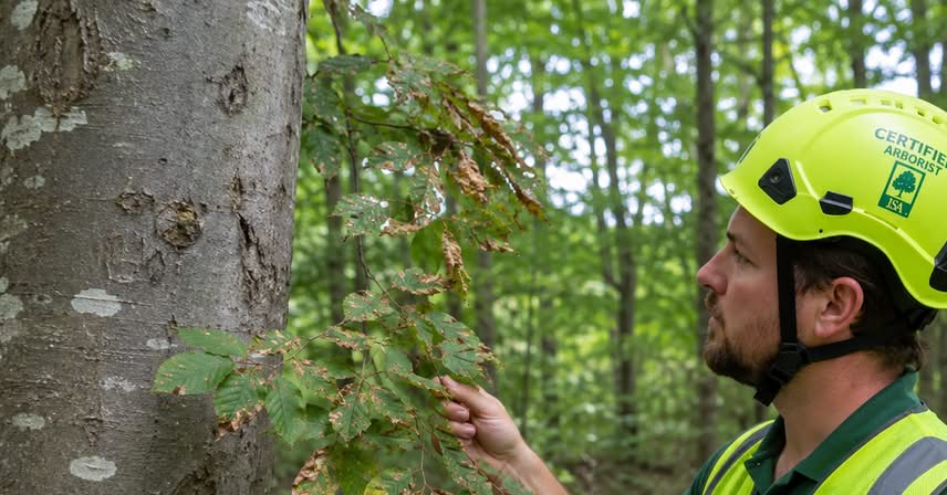 ertified arborist inspecting an American beech tree showing Beech Leaf Disease symptoms in West Michigan.