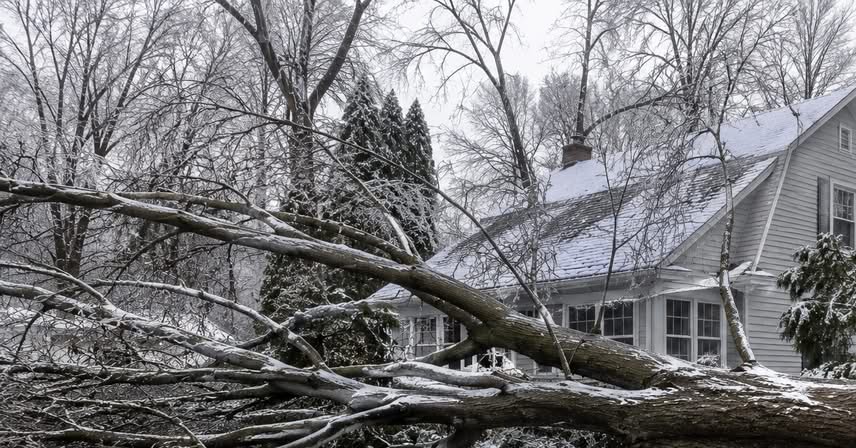 A large fallen tree across a yard and driveway in Holland, Michigan, after a lake-effect storm.